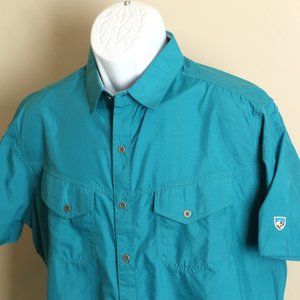 KUHL Men's teal checkered Eluxur short sleeve shirt Medium M EUC